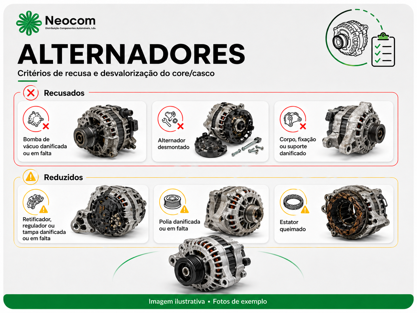 Alternadores - critérios de recusa e desvalorização do core/casco