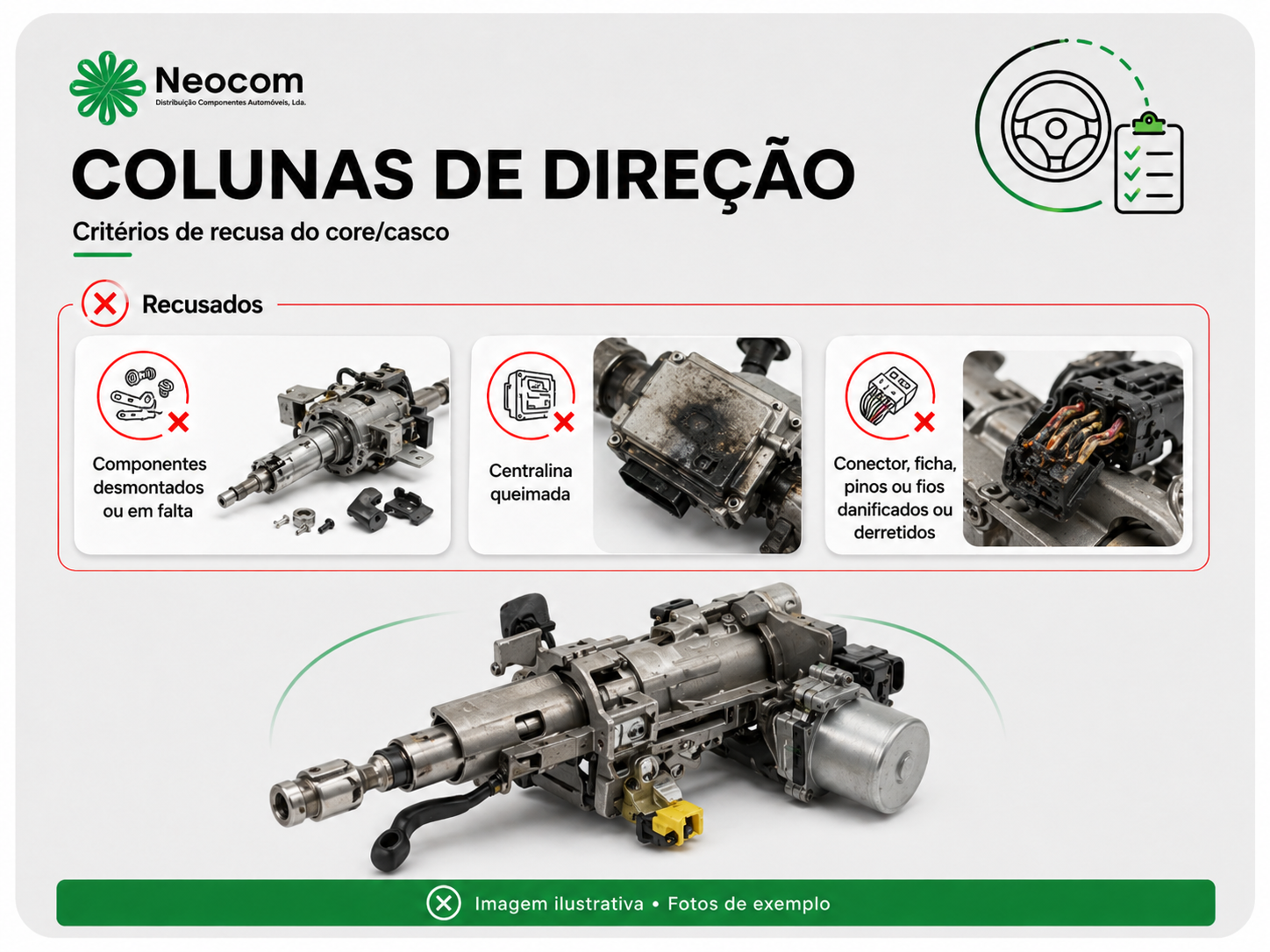 Colunas de direção - critérios de recusa do core/casco